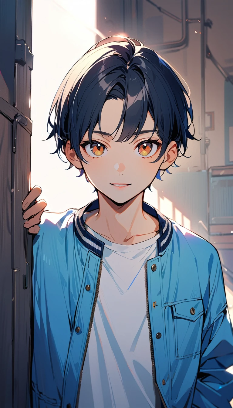 1man, solo, crew cut, black Hair, brown eyes, 18years old, light smile, wear blue jacket, looking at viewer, light lips, cowboy shot, opened mouth