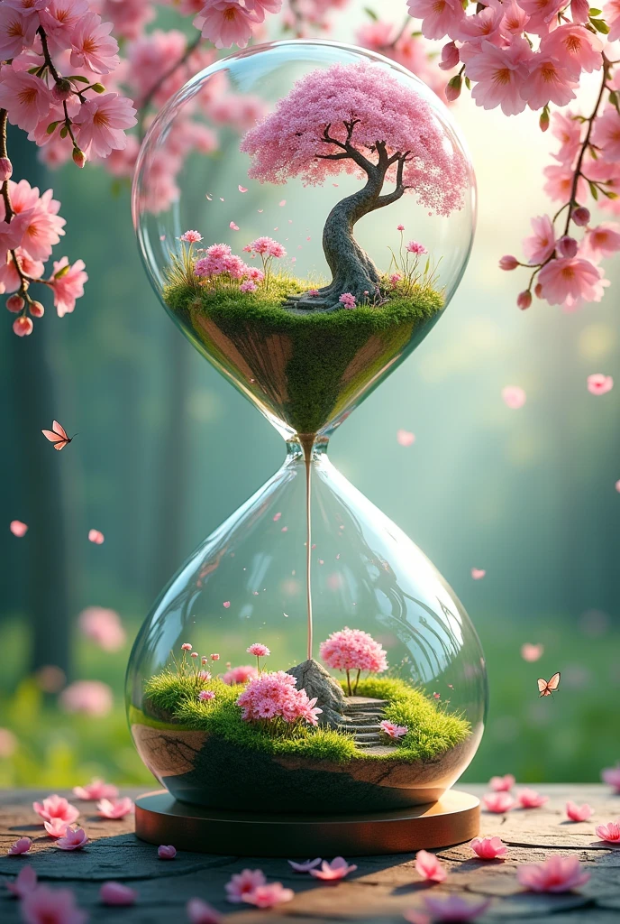 Create a natural and healthy environment inside an hourglass with cherry blossoms around the clock
