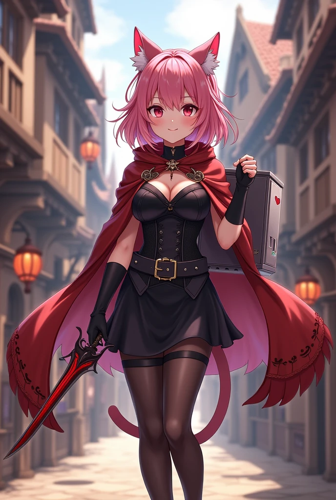 Diona From Genshin impact, ((carrying a small refrigerator on your back like a backpack)), ((Holding a Red dagger)), masterpiece, best quality, cinematic lighting , looking at a viewer, smile, pink hair, hat, cat ears, cat tail, green eyes, Full body, smile, walking, in the medieval city, 1girl, (Black dress, corset, belt, black skirt, cloak, red cape, red hood, pantyhose).