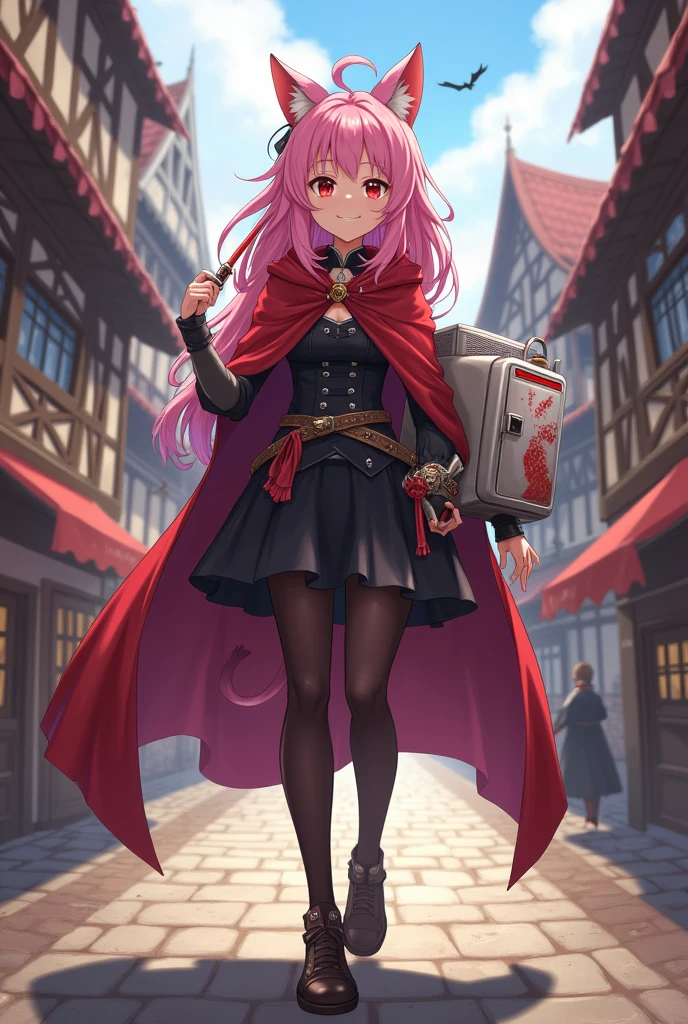 Diona From Genshin impact, ((carrying a small refrigerator on your back like a backpack)), ((Holding a Red dagger)), masterpiece, best quality, cinematic lighting , looking at a viewer, smile, pink hair, hat, cat ears, cat tail, green eyes, Full body, smile, walking, in the medieval city, 1girl, (Black dress, corset, belt, black skirt, cloak, red cape, red hood, pantyhose).