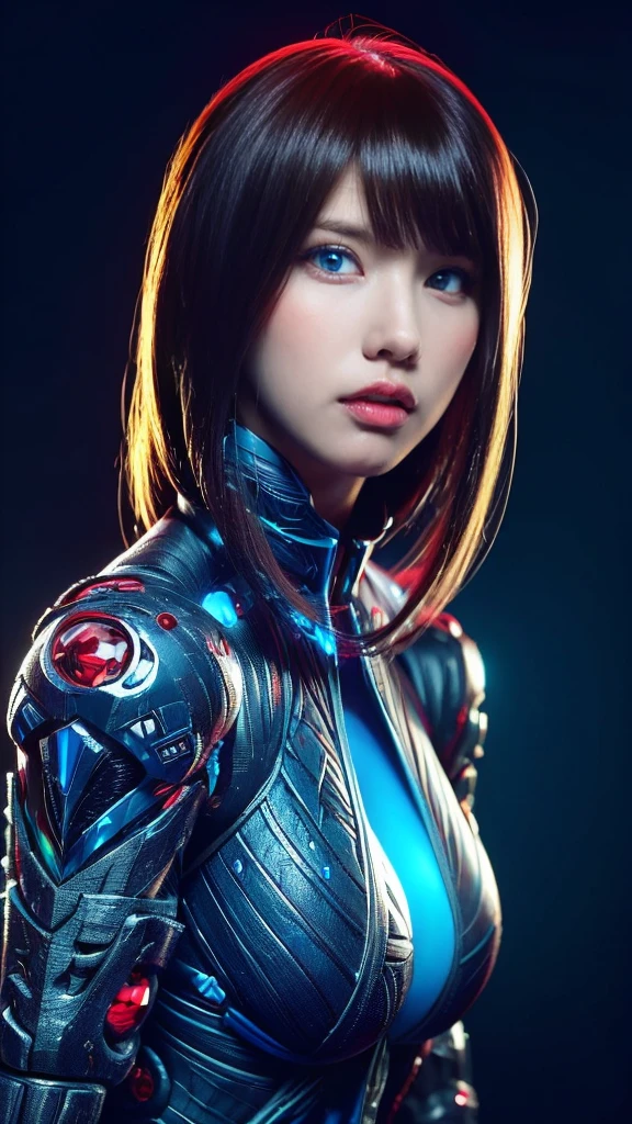 masterpiece, best quality, illustration, beautiful detailed eyes, colorful background, mechanical prosthesis, mecha coverage,rose red eyes, beatiful detailed cyberpunk city, multicolored hair, beautiful detailed glow, 1 girl, expressionless, cold expression, insanity, long bangs, long hair, lace, dynamic composition, motion, ultra - detailed, incredibly detailed, a lot of details, amazing fine details and brush strokes, smooth, hd semirealistic anime cg concept art digital painting, cyborg style,