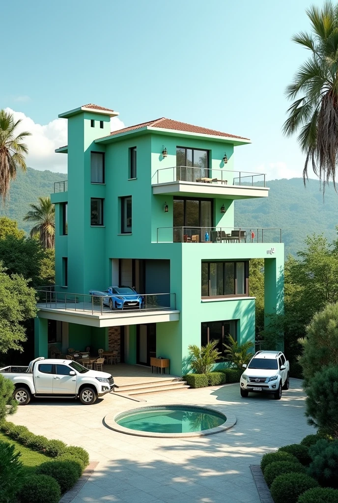 House in aqua green color near the beach with parking area, pool area, barbecue area and roundabout entrance with 2 white Toyota Hilux SRV parked and a blue Isuzu D-max parked