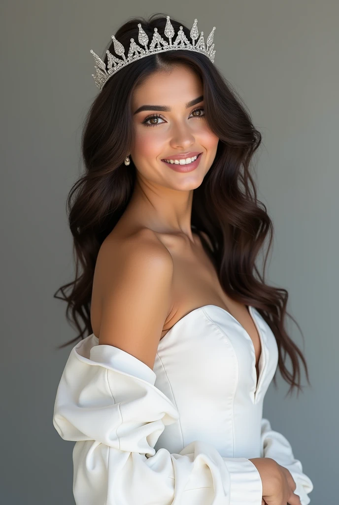Generate image of Turkish girl of 23 years wearing trendy silver white colour small crown with white colour outfit which closes her full body from neck to knee which enhances her beauty Here's a detailed description of her facial features, hair, and body shape:
Face:
- Heart-shaped face with high cheekbones and a pointed chin
- Smooth, fair skin with a subtle golden glow
- Full lips that curve into a bright, radiant smile
- Almond-shaped eyes that are deep brown in color, fringed with thick lashes
- Thick, well-defined eyebrows that add to her expressive gaze
Hair:
- Dark brown hair that falls in loose waves down her back
- Hair texture is thick and luscious, with a subtle sheen
- Often styled in a center parting, with a few strands framing her face
Body Shape:
- Slender yet curvy figure, with a build
- Height is around 5'7"
- Proportional measurements, with a small waist and curves in all the right places
- Toned legs and arms.