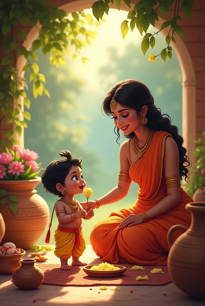 Generate a happy Janmashtami wishing image in that Krishna is eating Makhan and Yashoda maa is seeing him is there with a moral full message