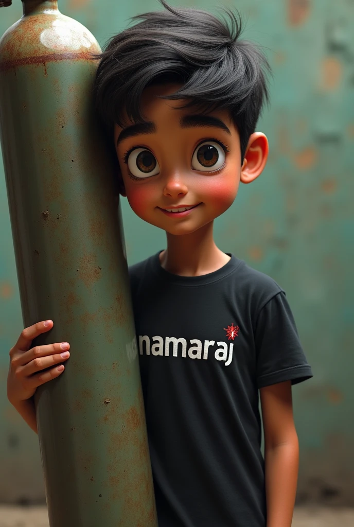A boy holding oxygen big size cylinder wearing black t-shirt written "Namaraj" On it