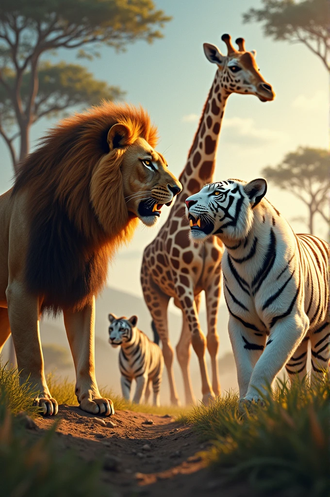 1 lion, 1 giraffe, 1 white tiger, 1 very, 1 warning