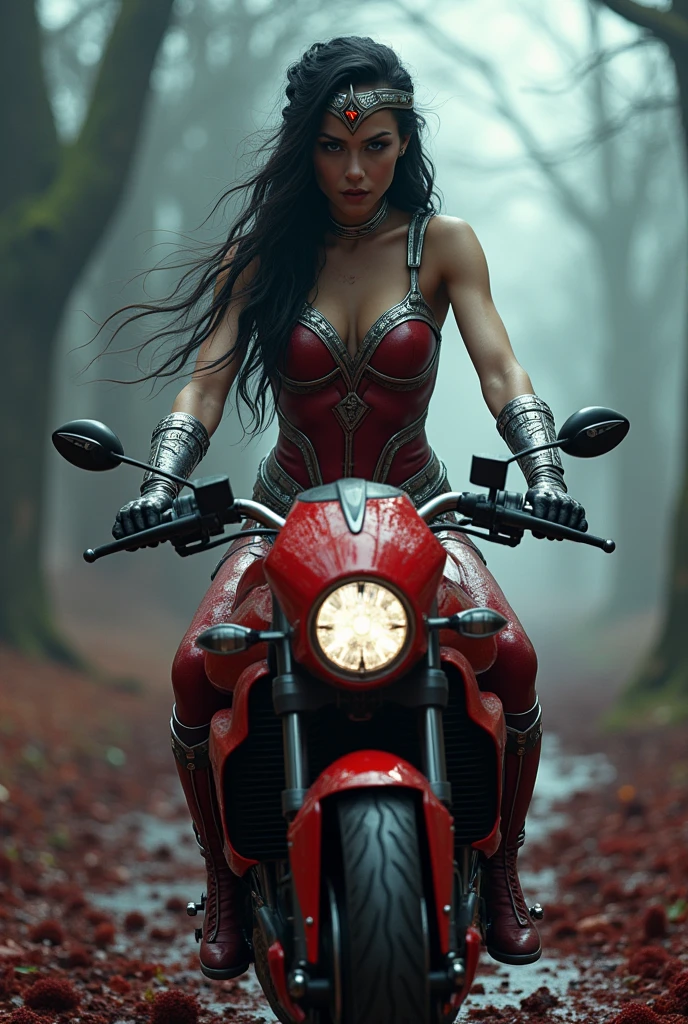 (((In extreme close-up, a beautiful woman riding a high-powered futuristic motorcycle (((Wonder Woman scale jumpsuit full body suit))),(((Red corset Wonder Woman black hair tied in a ponytail in braid (((hair six feet long blowing in the wind))) Silver metal diaema with a red star on its forehead Long silver bracelets Long red boots above its knees Blood around it (((cursed cemetery))),(((Bloody and terrifying images of a high-displacement red motorcycle