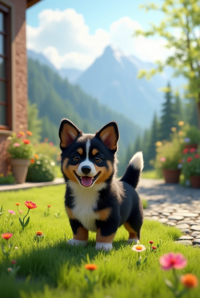 The black Corgi puppy named Doudou stands on the lush grass in the courtyard, with a pebbled path nearby. Doudou is in an excited stance, ready to take off running, while in the distance, the outlines of mountains and forests beckon, inspiring its adventurous spirit.