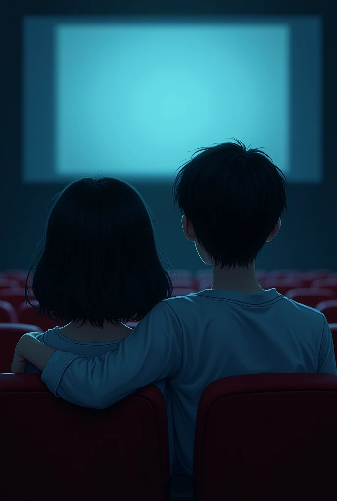 White skinned age girl with short black hair. with white-skinned teenboy in a cinema