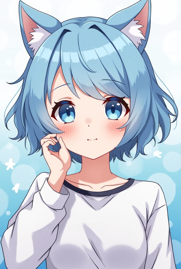 One person, blue eyes, Blue Hair/Light blue hair, Bangs are parted diagonally,Cat ear, Hairstyle: Short,Blushing,