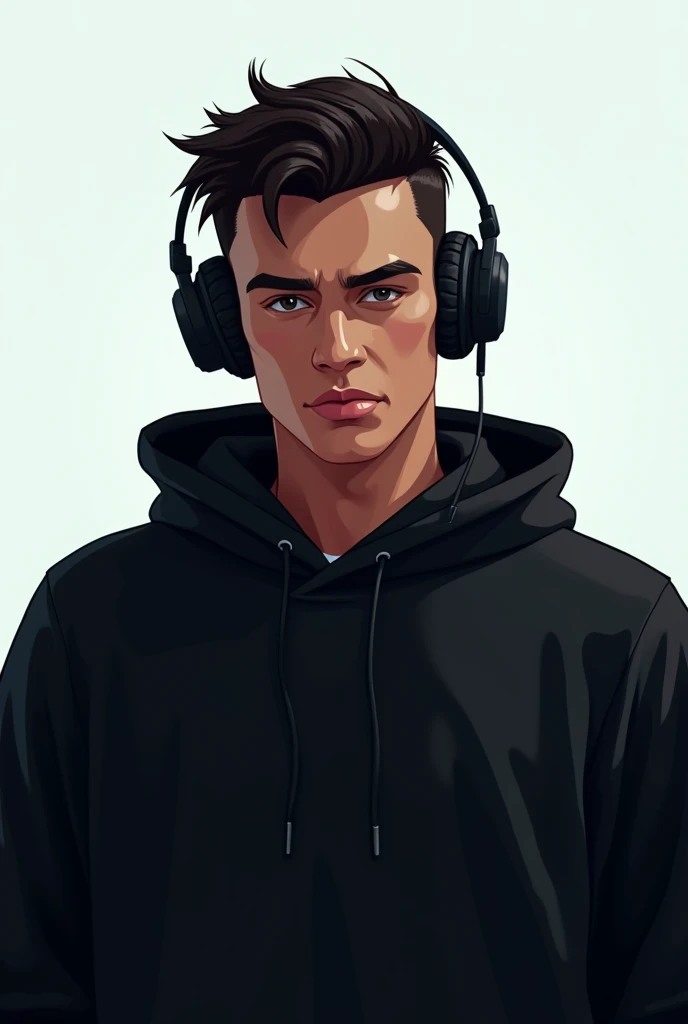 Male character age 30 wearing headphone, instagram video size ratio, looking straight into the camera, stand straight into the camera, wearing black hoodie and transparent background 