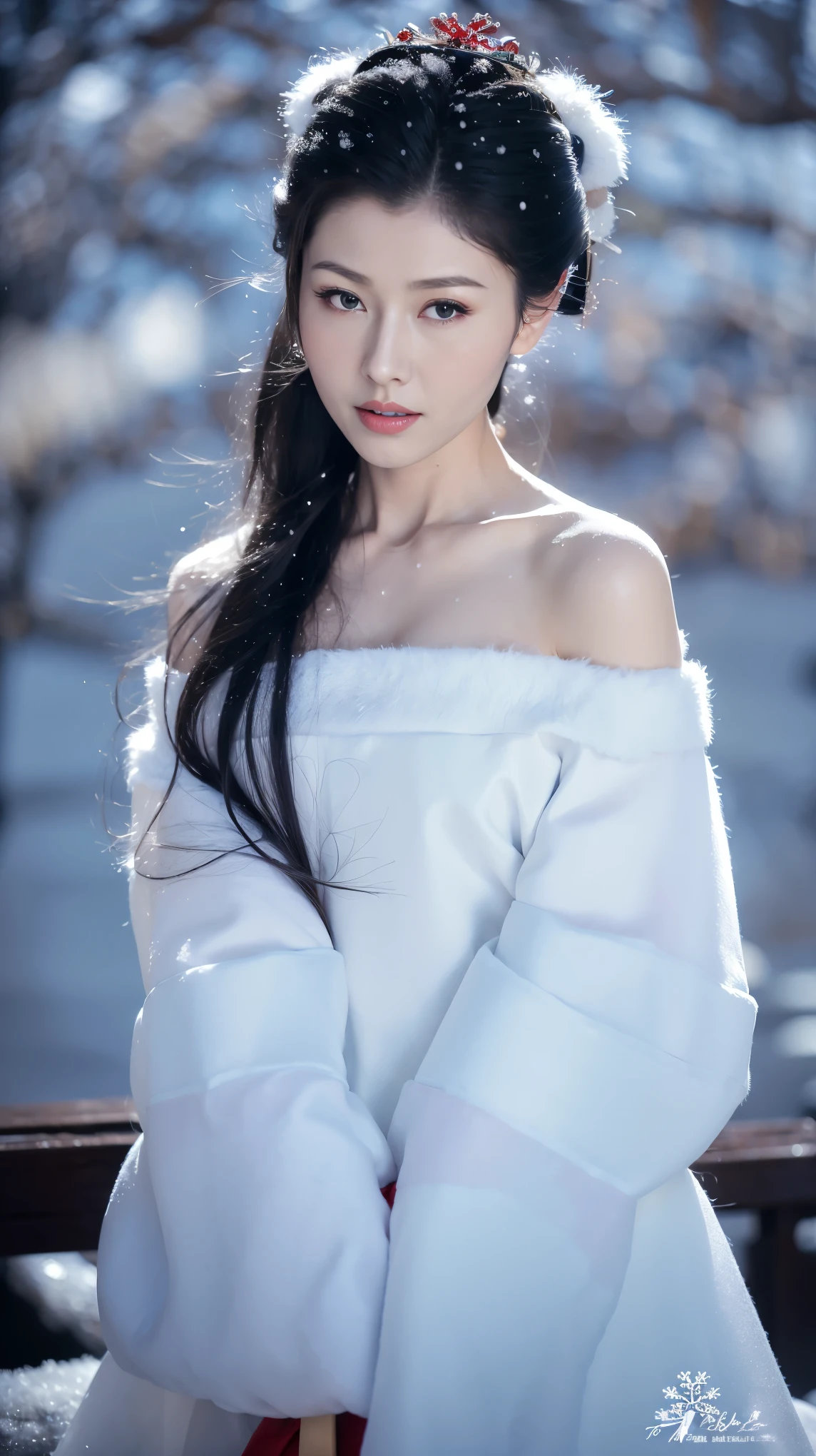 1 Fashion Model [[[[close up]]]], [[[[neck]]]], [[[[Shoulder]]]], (((Complete head)))，(((Complete hairstyle)))，Perfect eyes, Perfect Iris，Perfect lips，Perfect Teeth，Perfect skin，White skin，Soft headlights，High-density imaging，Black long hair，（Clean and delicate face），((Simple red fur winter hanfu))，((Half-length photo))，((White snow))，((winter))，((Various dynamic poses))，((The background is snow and rime))，best quality，masterpiece，（Soft colors：1.2）