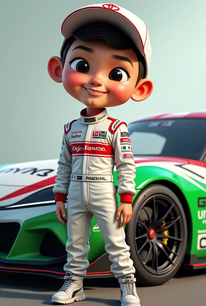 Realistic big head 5D caricature. The 20 year old Indonesian man wore a white racing car uniform with red motifs and a Toyota hat. the chest says "Toyota" and the Toyota logo with safety shoes. standing next to a green and white Toyota Supra Sports car. visible all over the body