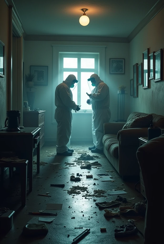 The forensic team works in the main room where the bodies were found.
