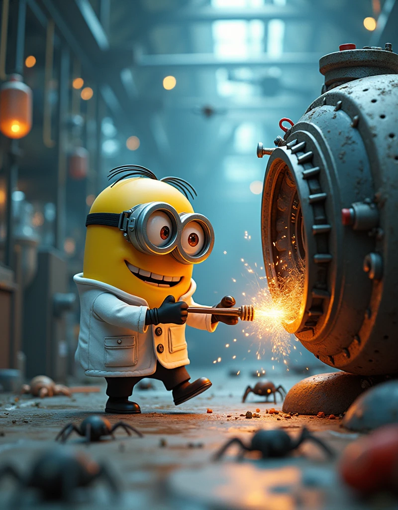 Minion Kevin in a scientist suit pushes a large machine towards the spiders, create a small explosion. The lab was in chaos with equipment scattered everywhere..