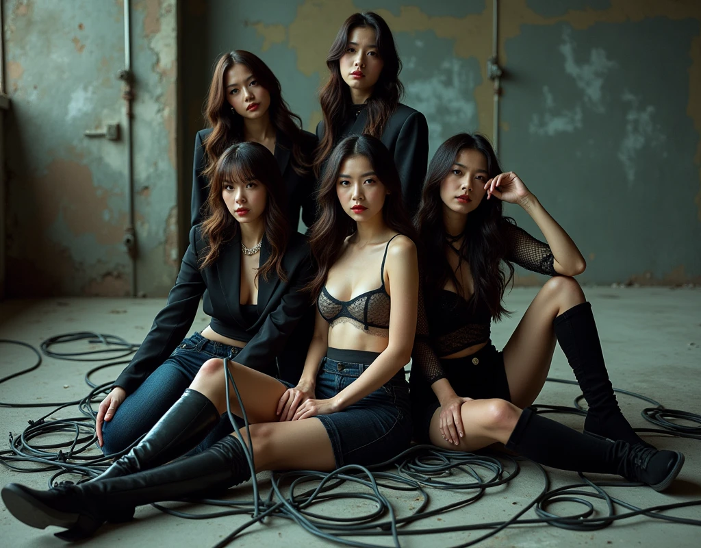 I'm taking photos for a new concept album.. Create a girl group concept photo using broken electrical cords