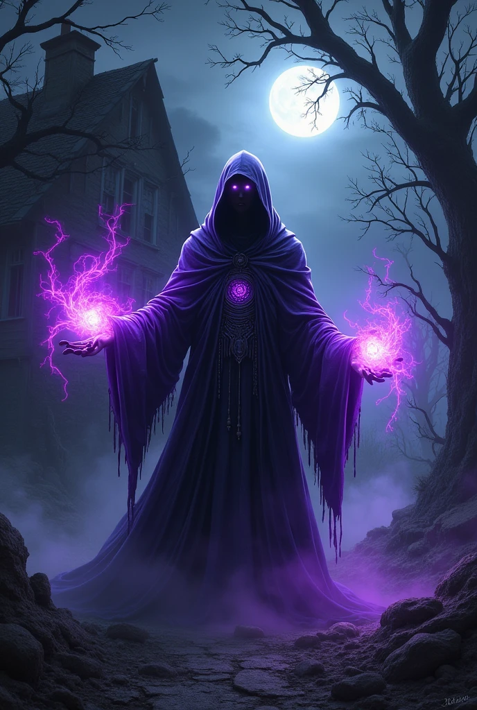 magic witch , purple ray, dark house, night