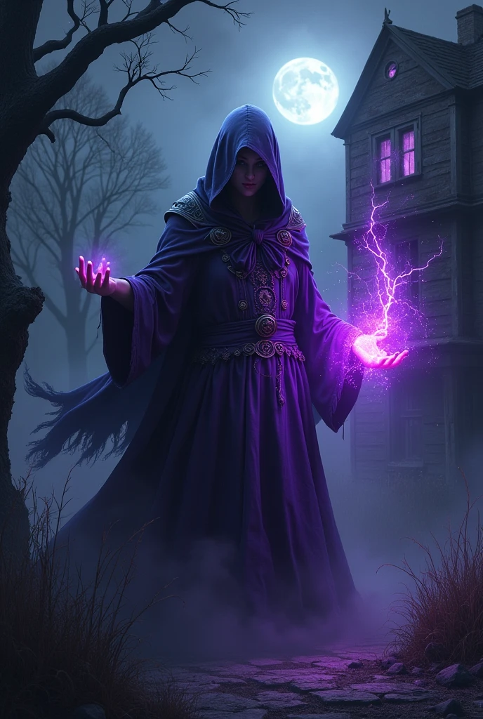 magic witch , purple ray, dark house, night