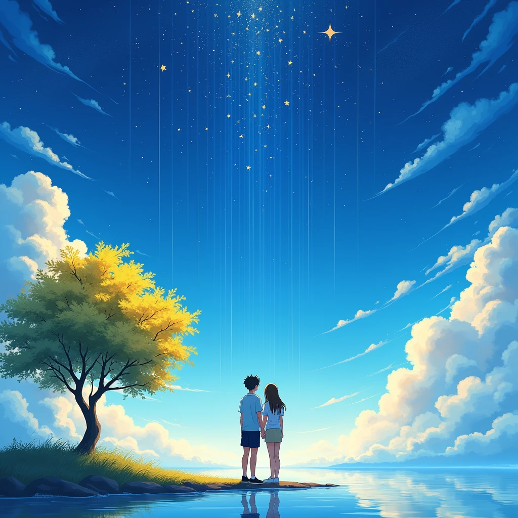 Two best friends and blue sky and star rain and one tree yellow colour anime character and show a water beautiful stars 4K