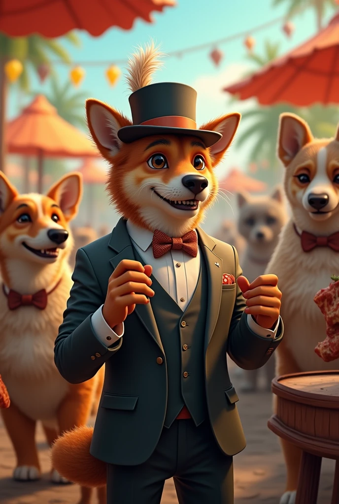Create a dog in a suit and fancy hat at a Brazilian barbecue with all your other dog friends in suits and fancy hats, like a stutter