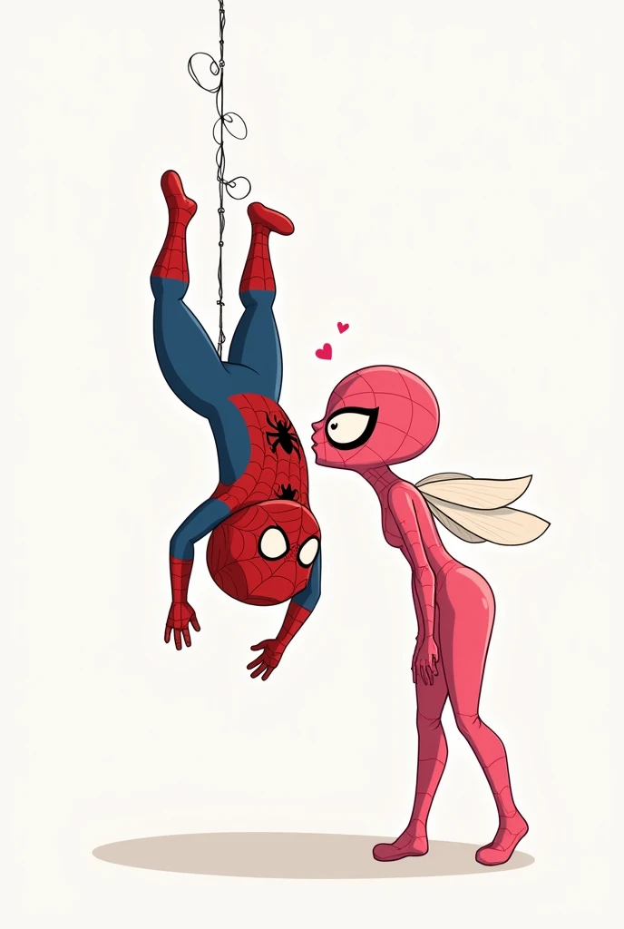  spiderman hanging from a web upside down with his feet up and his head down and winged standing female spiderman in a pink baby suit giving a kiss on the cheek to baby spiderman all animated that is a drawing that I can draw