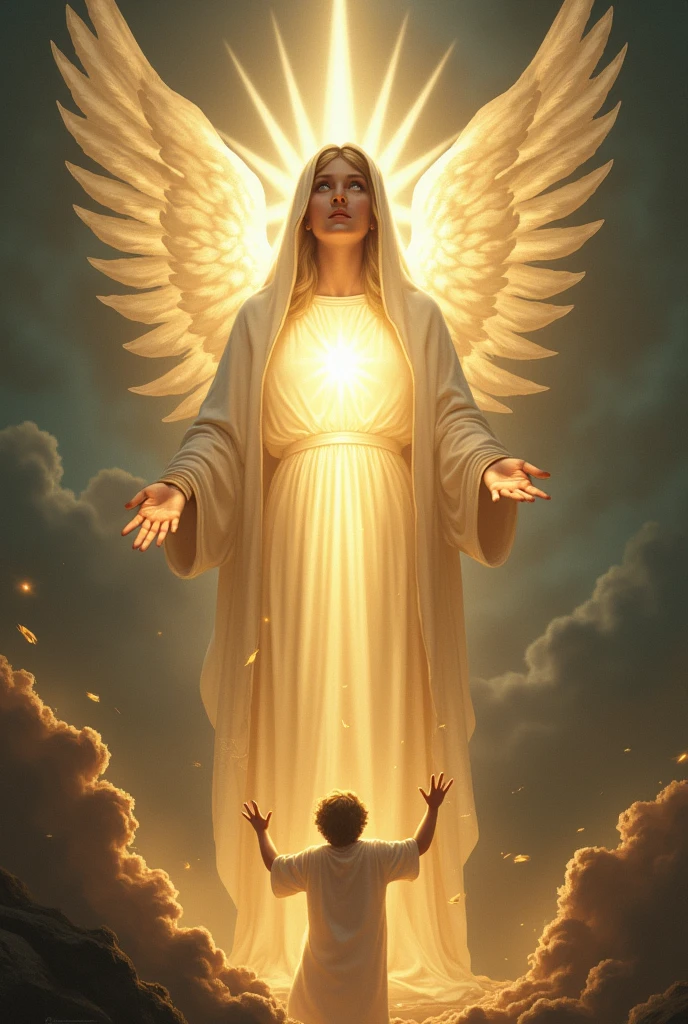 Create an image where the virgin of fatima (whose appearance is more brilliant than the sun, and
radiated a light more clear and intense than a crystal glass filled with
sparkling water, when the rays of the burning sun shine through it.) is saving a soul of a young male sinner (who is a soul not a  physical body )and Our Lady opened her hands,
communicating to him a light so intense from her hands that, as it streamed from
her hands, its rays penetrated his heart and the innermost depths
of his soul, making him see himself in God, Who was that light,
more clearly than he sees himself in the best of mirrors at God's heavenly court where around her there are angels ( but the virgin of fatima does not have wings only the angels)