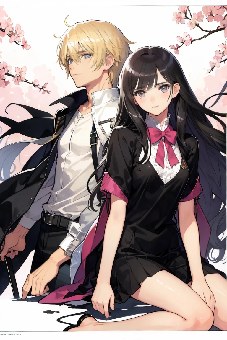 man and woman, couple, love, mature, a cat woman, she has freckles, she has dark brown eyes and an upturned nose, she is happy and smiling, she has long wavy hair, black hair, she is wearing aviator sunglasses with clear lenses in a soft watercolor style. The girl's clothes must be pink, purple, and blue in celebration of the bisexual, with stains of ink and watercolor mixing and filling the scene. he has blonde hair, he is handsome, he is slim. There should be a subtle, nuanced change in colors using the impasto technique with gouache paint. There should be a light rain in the watercolor painting with a little watercolor paper texture and a pastel background.
