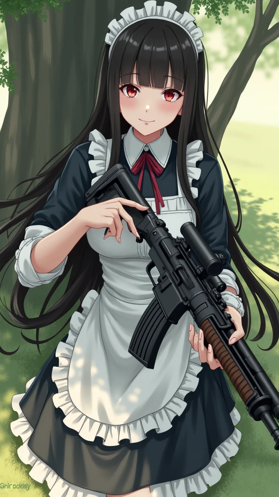 anime character with long hair in maid dress holding a heavy rilfe and black gloves, 1girl, solo, long hair, looking at viewer, bangs, black hair, red eyes, gloves, long sleeves, dress, ribbon, holding, sitting, weapon, outdoors, frills, choker, white gloves, blunt bangs, holding weapon, mole, apron, black dress, tree, gun, maid, maid headdress, black choker, grass, holding gun, rifle, maid apron, cigarette, smoking, anime style, from girls frontline, fine details. girls frontline, girls frontline universe, girls frontline style, girls frontline, girls frontline cg, soft anime illustration, 2 0 2 2 anime style, 2022 anime style, pixiv contest winner, pretty anime character design, render of april