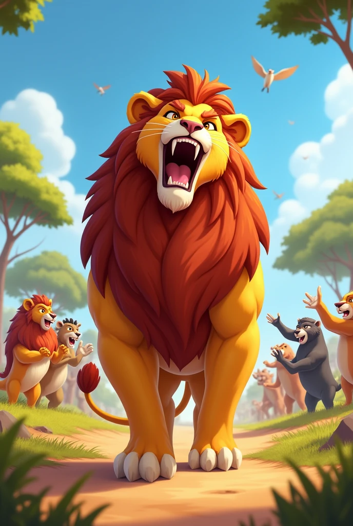 Detailed picture of a confident man anthro, (Lion, powerful body) standing proudly on the middle of the savanna, roaring with his mouth wide open. trending on Art Station, Ross Tran, ruan jia, foxovh, ((determined expression, the other animals are clapping and cheering in the background, cartoon