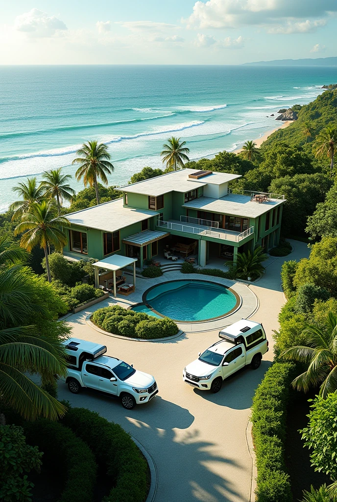 Green house near the beach with pool area, barbecue area and roundabout entrance with 2 white Toyota Hilux SRV parked and a blue Isuzu D-max parked 