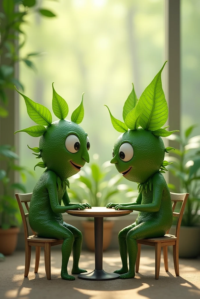 2 neem leaves sitting together 
In a table and talking with each other has a face ,hand , legs, made by leaves and seeing eachother face