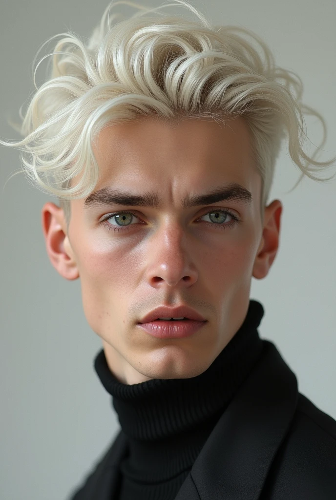 A young fair skinned man, gray eyes, platinum blonde, defined jaw, straight nose and small mouth