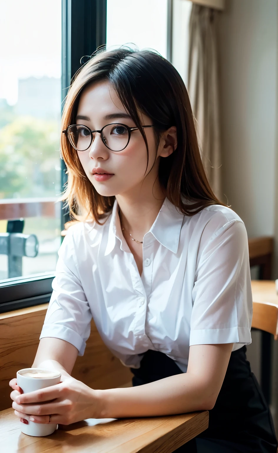 ((Perfect anatomy with detailed limb depictions)) ,4K,Tabletop,RAW Photos,最high quality,Realistic,Highly detailed CG Unity 4K wallpaper,Written boundary depth,Light from the window like a scene from a movie,Lens flare,Ray Tracing,(Very beautiful face,Beautiful Lips,Beautiful Eyes),Intricately detailed faces,((Highly detailed skin)),1 person,Contrast of morning light and deep shadows,(((A cute and elegant Shiho-san with glasses, raised as a young lady, sitting by the window at a coffee shop in the morning))),Japanese Idol,1 person,(Elegant behavior:1.3),(((Standing in front of a table with hands behind one&#39;s back))),(Heartwarming:1.3),(((The red thick-rimmed glasses look great on her.))),(A modest blouse, baggy jeans, and pumps for everyday wear),(Beautifully blurred background with deep depth of field),(Round table by the window with wooden chairs:1.3),Beautiful necklace, cute earrings and bracelet,Clear Eyes,(大きな目にHigh nose),An innocent smile,(Literary woman),(Full body shot with background),((Standing in front of a chair with knees together:1.3)),Tilt your head,Beautiful fingertips like white fish,E-cup beautiful breasts,(Full body shot from behind),focus on,In front of eyebrows,Beautiful ponytail,Highly detailed face,4K Digital SLR,high quality,Film grain effect,Fujifilm XT3 style,Classic Movie Scenes,(Saiharu Body),(Delicate eyes and face),Professional Perspective,Amazing details,1 personの少女に凝縮された美しさ,D-cup beautiful breasts,繊細でHigh noseを持つ美しい顔,Long limbs like a model,High nose,Clear chestnut eyes,Glossy Lips,