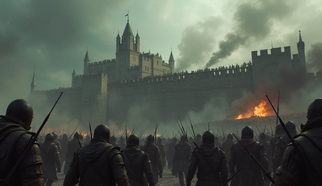 Capture a cinematic and dark scene of a medieval siege on a fortified city. The setting is a grim, overcast day with thick, ominous clouds hanging low. The city walls, weathered and imposing, are under relentless assault. Massive siege engines like trebuchets and battering rams launch projectiles, shattering stone and timber. Arrows rain down from the attackers' positions on the surrounding hills, while defenders on the walls struggle to repel them, their faces grim and determined. Smoke and fire from burning siege towers and catapults engulf the battlefield, adding to the chaos. The streets below are a tumult of soldiers clashing, with the glow of fires casting eerie shadows across the rubble-strewn ground. The scene is marked by tension, destruction, and the grim reality of medieval warfare., Surrealism, Hyperrealism, UHD, retina, masterpiece, accurate, anatomically correct, textured skin, super detail, 16k