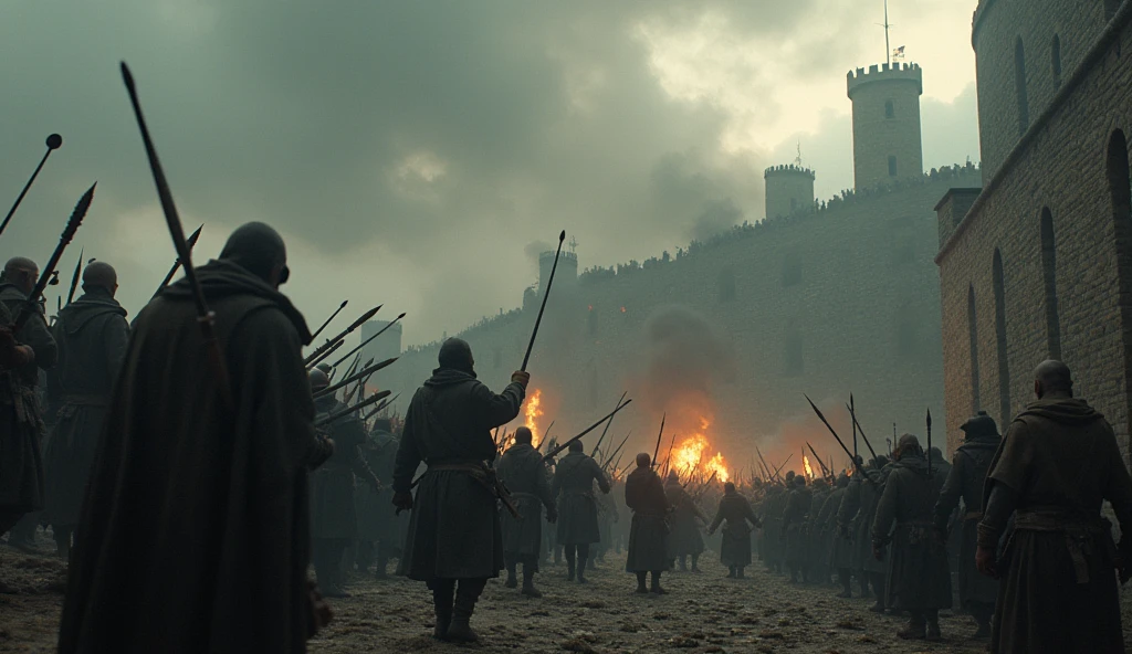 Capture a cinematic and dark scene of a medieval siege on a fortified city. The setting is a grim, overcast day with thick, ominous clouds hanging low. The city walls, weathered and imposing, are under relentless assault. Massive siege engines like trebuchets and battering rams launch projectiles, shattering stone and timber. Arrows rain down from the attackers' positions on the surrounding hills, while defenders on the walls struggle to repel them, their faces grim and determined. Smoke and fire from burning siege towers and catapults engulf the battlefield, adding to the chaos. The streets below are a tumult of soldiers clashing, with the glow of fires casting eerie shadows across the rubble-strewn ground. The scene is marked by tension, destruction, and the grim reality of medieval warfare., Surrealism, Hyperrealism, UHD, retina, masterpiece, accurate, anatomically correct, textured skin, super detail, 16k
