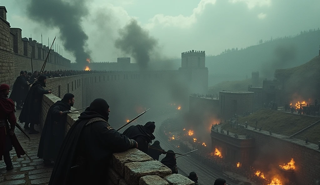 Capture a cinematic and dark scene of a medieval siege on a fortified city. The setting is a grim, overcast day with thick, ominous clouds hanging low. The city walls, weathered and imposing, are under relentless assault. Massive siege engines like trebuchets and battering rams launch projectiles, shattering stone and timber. Arrows rain down from the attackers' positions on the surrounding hills, while defenders on the walls struggle to repel them, their faces grim and determined. Smoke and fire from burning siege towers and catapults engulf the battlefield, adding to the chaos. The streets below are a tumult of soldiers clashing, with the glow of fires casting eerie shadows across the rubble-strewn ground. The scene is marked by tension, destruction, and the grim reality of medieval warfare., Surrealism, Hyperrealism, UHD, retina, masterpiece, accurate, anatomically correct, textured skin, super detail, 16k