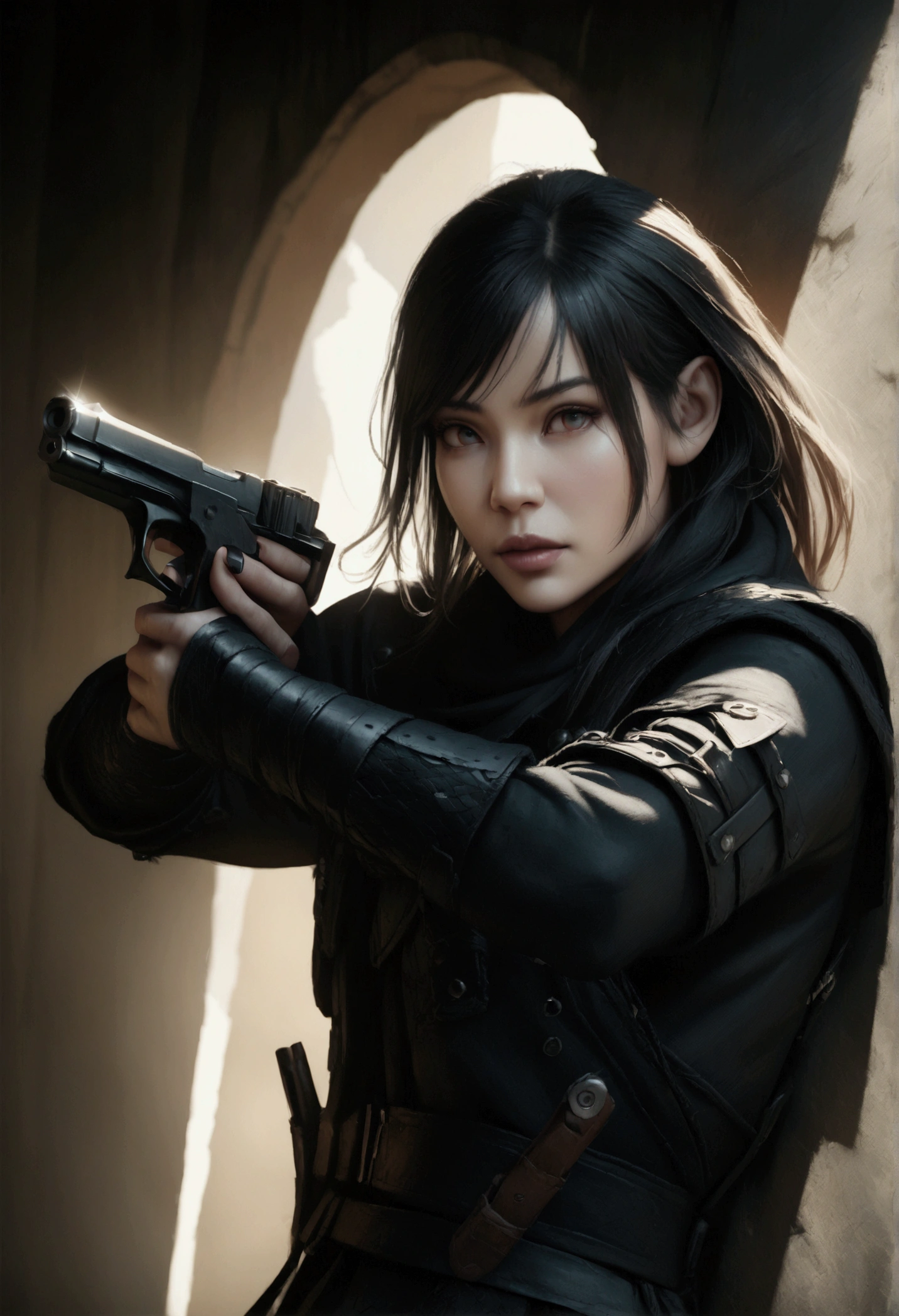 hyperrealistic ninja with two pistols, highly detailed facial features, intricate black clothing, dark shadows, dramatic lighting, cinematic composition, realistic textures, photorealistic, 8k, masterpiece