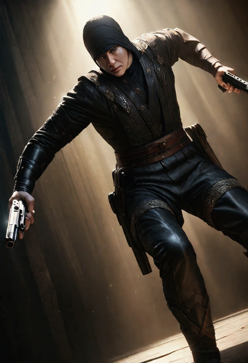 hyperrealistic ninja with two pistols, highly detailed facial features, intricate black clothing, dark shadows, dramatic lighting, cinematic composition, realistic textures, photorealistic, 8k, masterpiece