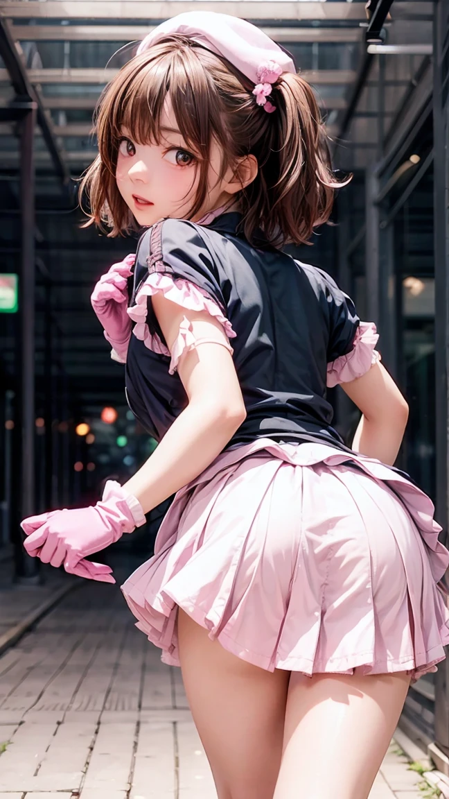 masterpiece, best quality, 1 girl, kinomoto sakura, antenna hair, brown hair, short hair, twintails, green eyes, magical girl, elbow gloves, pink hat, pink gloves, ruffled skirt, scared look, from behind, hands on the floor, sticking her ass out, sexy position, looking at viewer, plain background