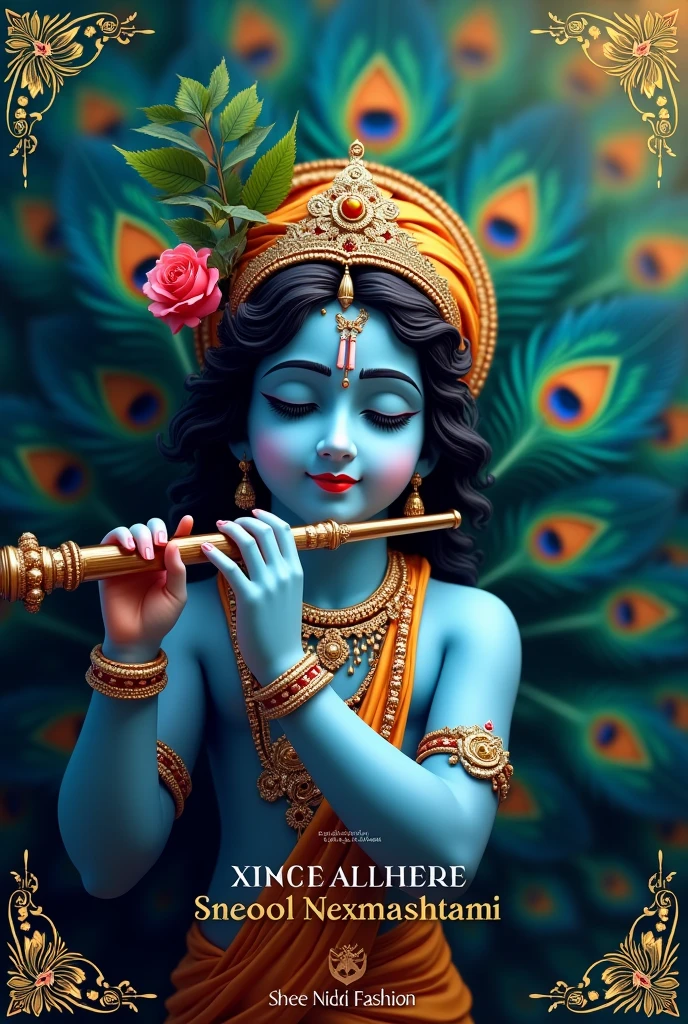 Create a poster of name of Shree nidhi fashion with background peacock feathers and with krishna holding flute congratulating janmashtami