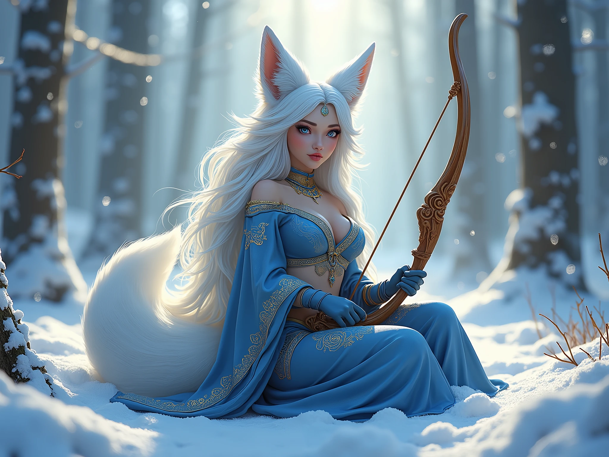 A beautiful, sexy, voluptuous anthropomorphic fox character with long, flowing white hair and sky-blue fur, with traits of the Dark Magician Girl character from Yu-Gi-Oh! She sits in a snowy forest, surrounded by tall, snow-covered pine trees. The character has large, expressive blue eyes, pointed ears, and a fluffy tail, with intricate tribal markings on her fur. She holds a beautifully carved wooden bow, and her outfit is adorned with blue and gold patterns, highlighting her status as an expert archer. The winter scenery is serene, with soft sunlight filtering through the trees, casting a magical glow on the scene.