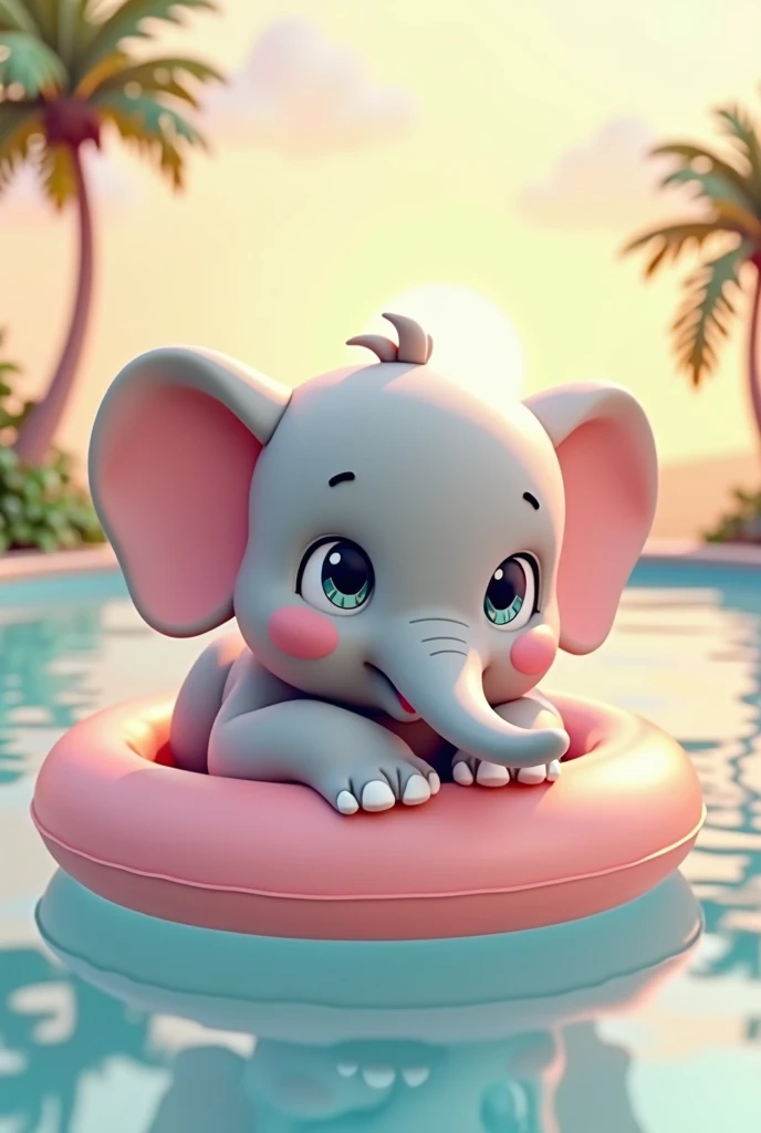 3d, Simple and cute, With gentle colors like a picture book , 8k, Highest quality,cute,Big anime eyes,Cute baby elephant on a swimming ring.,mascot