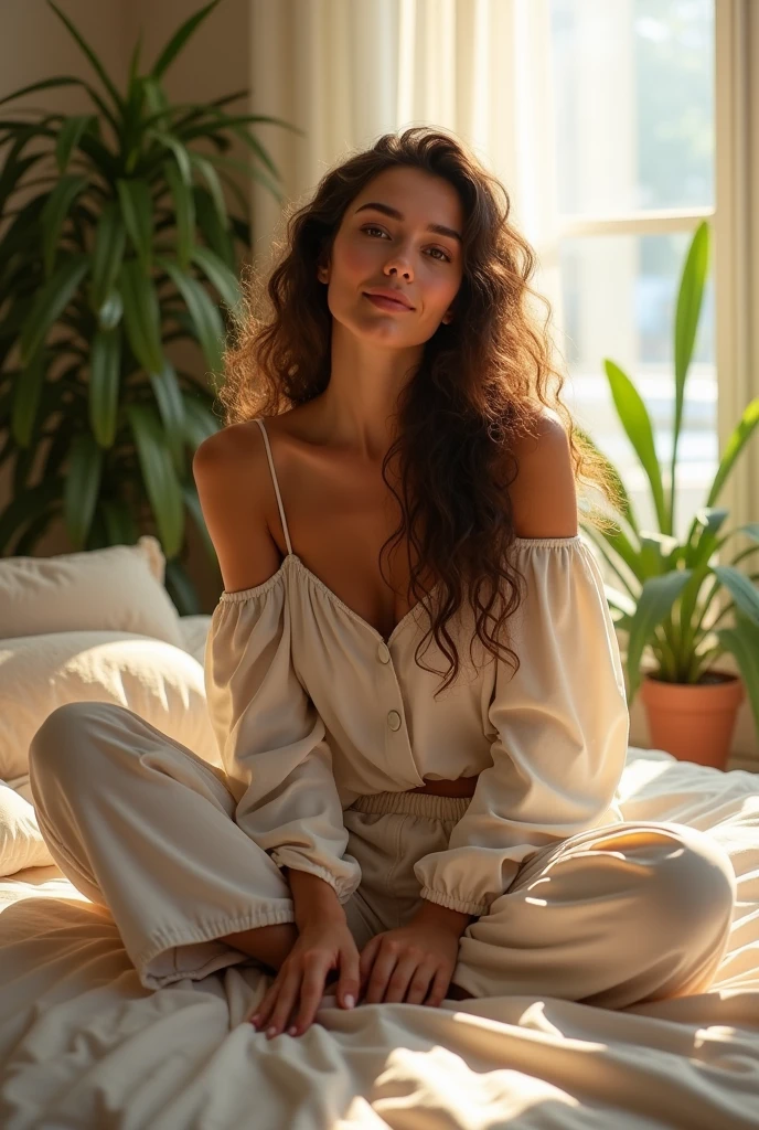 (photorealism:1.2), beautiful woman, sitting on bed, wearing loose off-shoulder top, pajama pants, long curly hair, indoors, soft lighting, plants in background, window with sunlight, cozy room, relaxed pose, realistic, intricate details, warm colors, by Greg Rutkowski, by Alphonse Mucha