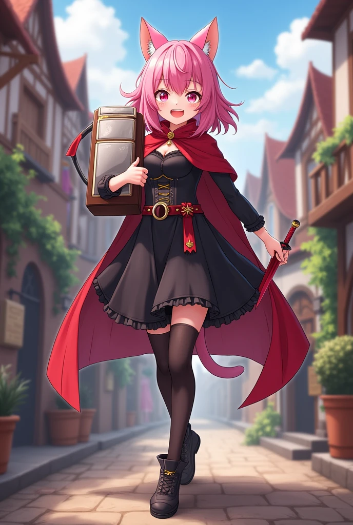 Diona From Genshin impact, (((carrying a small refrigerator on your back like a backpack))), (Holding a Red dagger), masterpiece, best quality, cinematic lighting , looking at a viewer, smile, pink hair, hat, cat ears, cat tail, green eyes, Full body, smile, walking, in the medieval city, 1girl, (Black dress, corset, belt, black skirt, cloak, red cape, red hood, pantyhose).