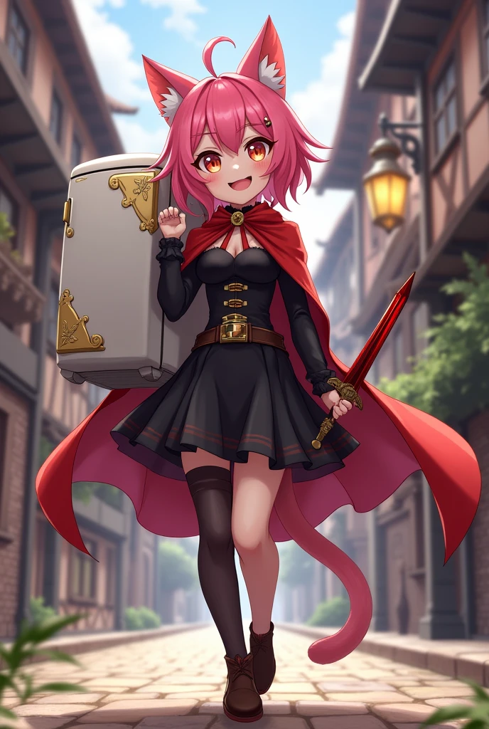 Diona From Genshin impact, (((carrying a small refrigerator on your back like a backpack))), (Holding a Red dagger), masterpiece, best quality, cinematic lighting , looking at a viewer, smile, pink hair, hat, cat ears, cat tail, green eyes, Full body, smile, walking, in the medieval city, 1girl, (Black dress, corset, belt, black skirt, cloak, red cape, red hood, pantyhose).