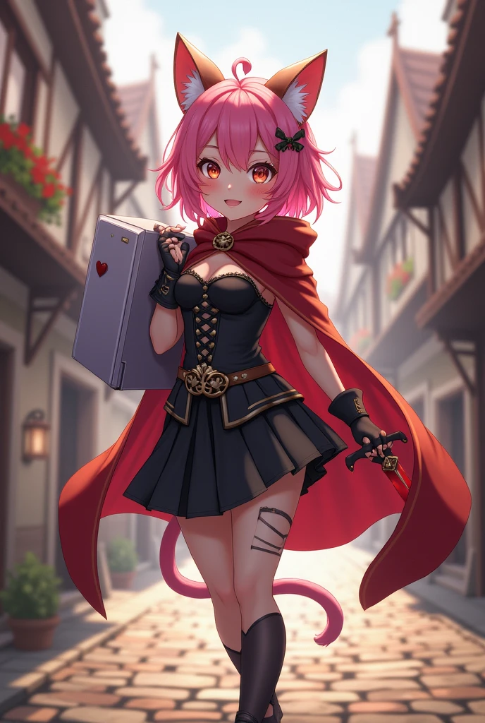 Diona From Genshin impact, ((carrying a small refrigerator on your back like a backpack)), masterpiece, best quality, cinematic lighting , looking at a viewer, smile, pink hair, hat, cat ears, cat tail, green eyes, Full body, smile, walking, in the medieval city, 1girl, (Black dress, corset, belt, black skirt, cloak, red cape, red hood, pantyhose).