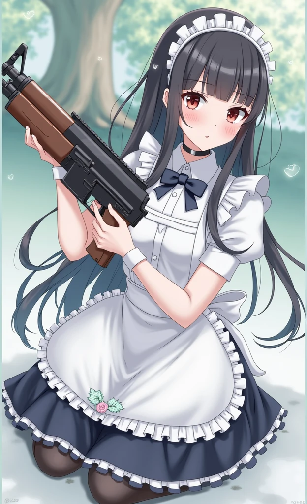 anime character with long hair in maid dress holding a heavy rilfe and black gloves, 1girl, solo, long hair, looking at viewer, bangs, black hair, red eyes, gloves, long sleeves, dress, ribbon, holding, sitting, weapon, outdoors, frills, choker, white gloves, blunt bangs, holding weapon, mole, apron, black dress, tree, gun, maid, maid headdress, black choker, grass, holding gun, rifle, maid apron, cigarette, smoking, anime style, from girls frontline, fine details. girls frontline, girls frontline universe, girls frontline style, girls frontline, girls frontline cg, soft anime illustration, 2 0 2 2 anime style, 2022 anime style, pixiv contest winner, pretty anime character design, render of april