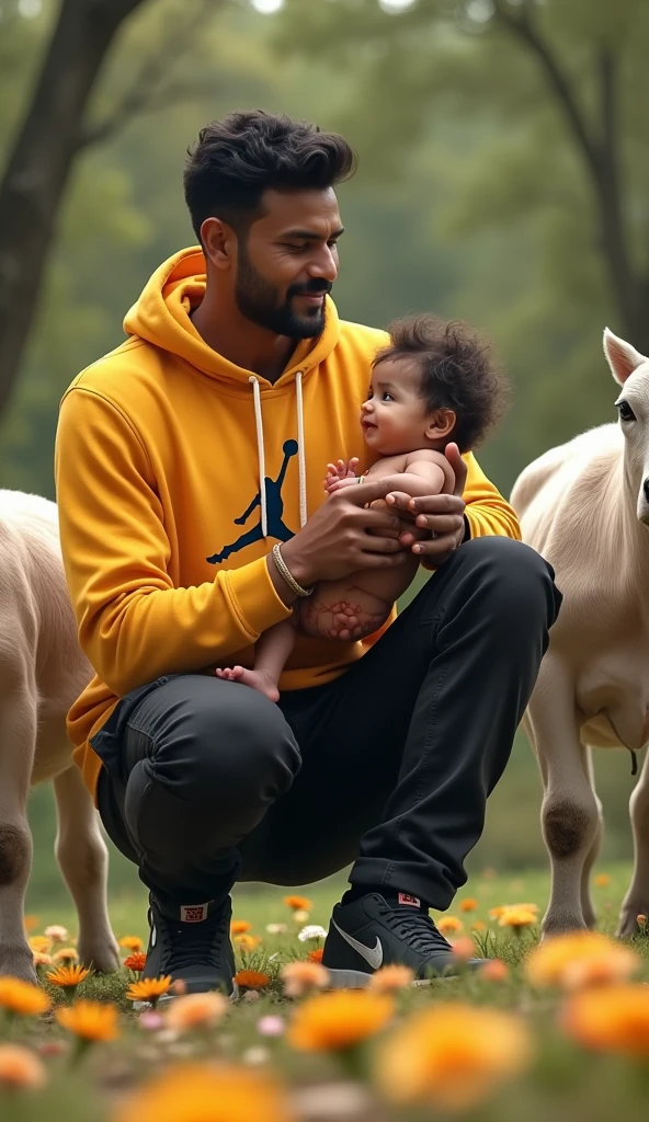 Realistic newly born baby lord krishna is in hands of a indian 1 5'10 and skinny man with clean shave face and brown skin colour wearing a jordan logo printed in front yellow hoodie and black cargo jeans and nike shoes (both are surrounded by baby cows) (beautiful) (flowers on ground)