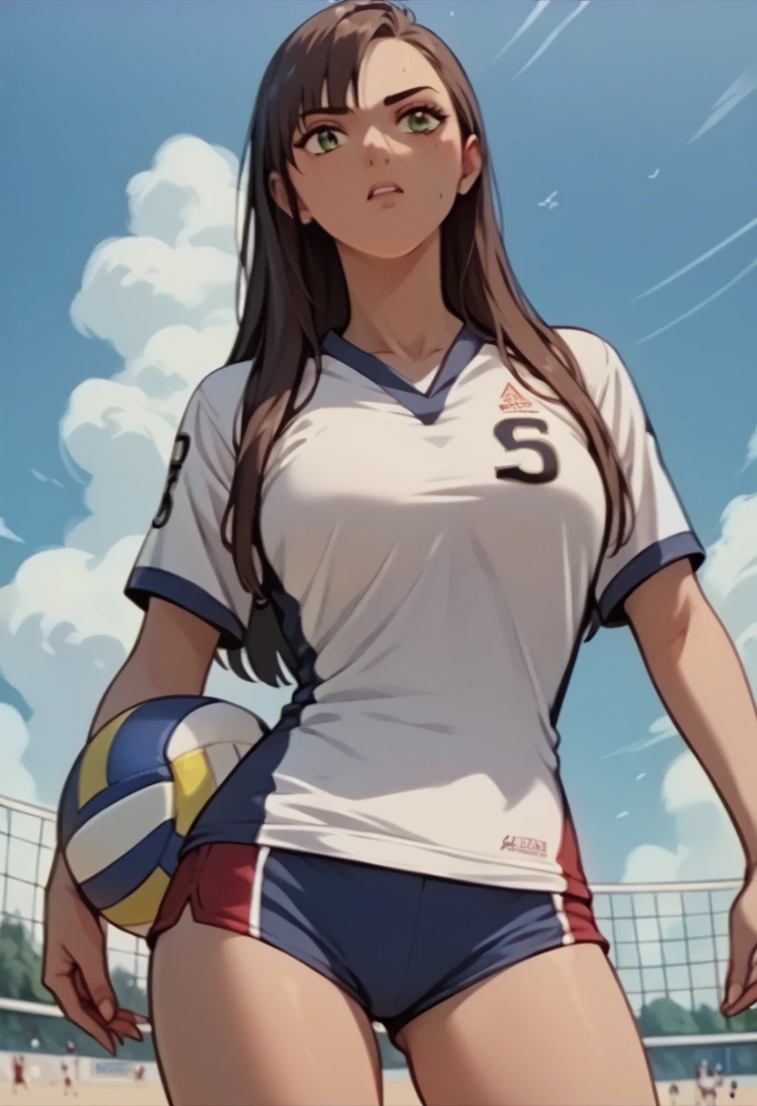 Dark long brown hair dark green eyes big boobs in volleyball uniform