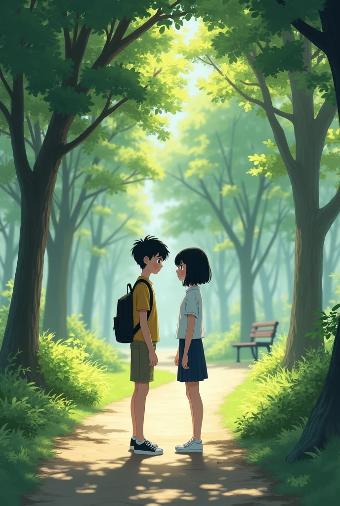 White skinned teenage girl with short black hair. with white-skinned, black-haired teenage boy in a park 